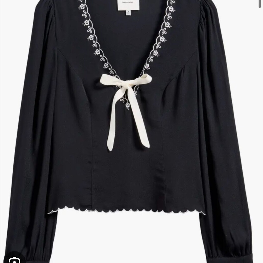 Reformation Black Tie Front Embellished Blouse